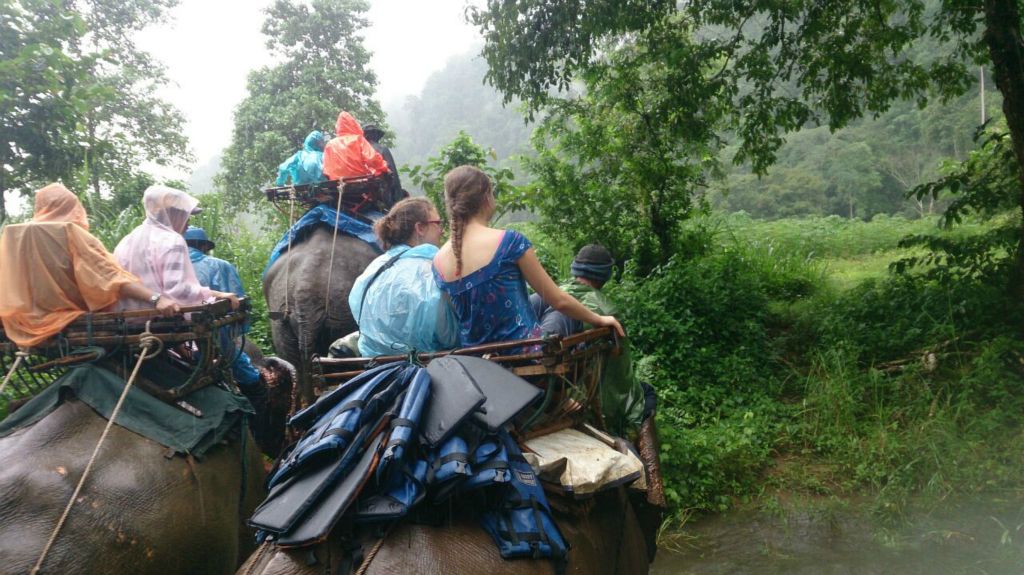 The Girls crossing Thw Kwai (again) on their Elephant
